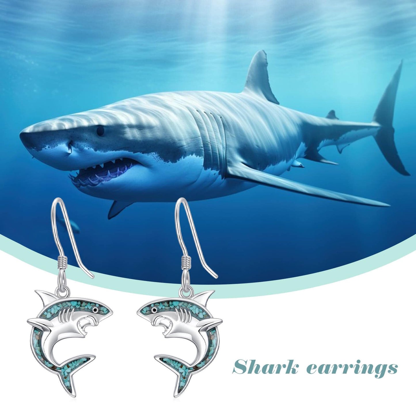 HPQQ Shark Earrings 925 Sterling Silver Turquoise Shark Dangle Earrings Ocean Beach Themed Jewelry Mother's Day Jewelry Gifts for Women