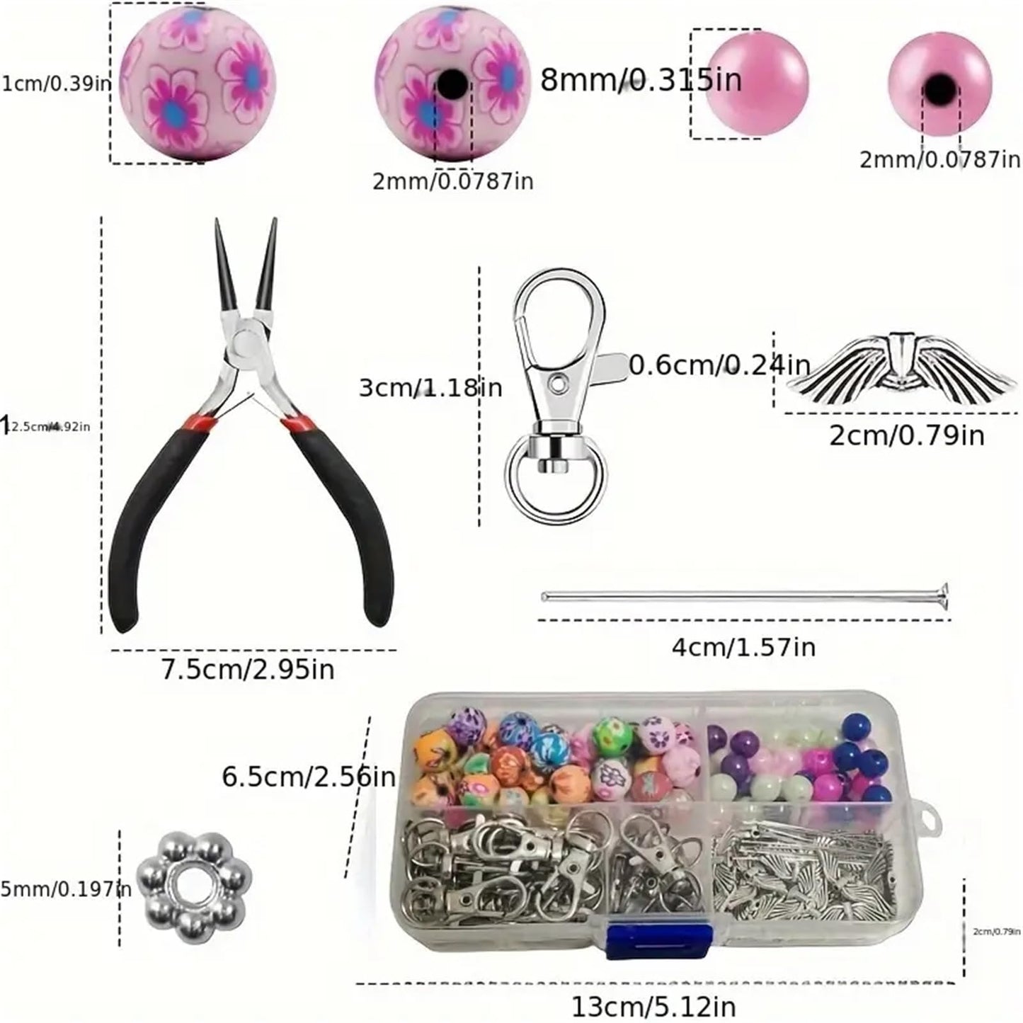 180Pcs DIY Angel Pendant Keychains Kit Includes Alloy Wing Spacer Imitated Bead Pendant Lobster Buckle Claw Clasps and Pliers Jewelry Making Supplies Repair Tools Kit for Women Adults (Flowers Beads)