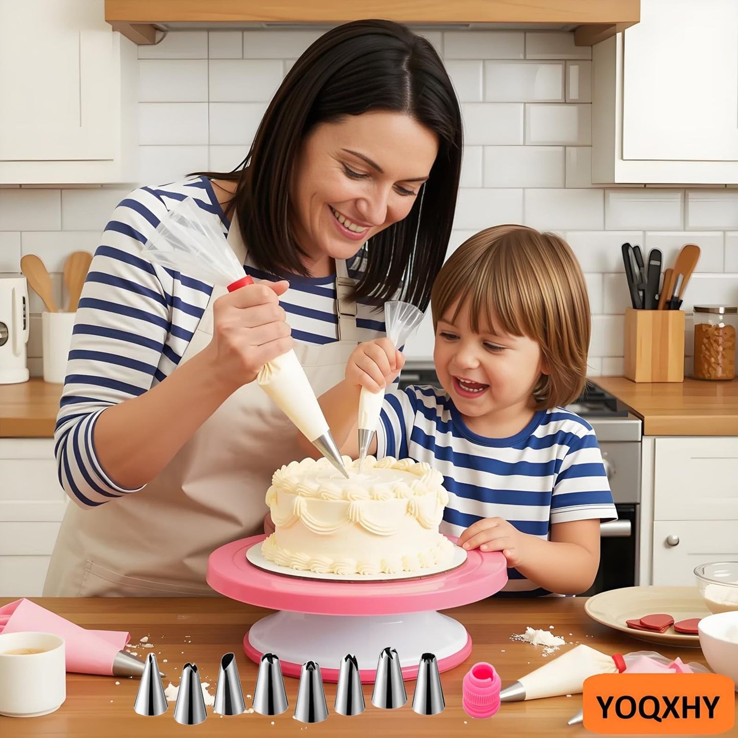 YOQXHY Cake Decorating Kit, 390 Pcs Baking Supplies Tools with Cake Turntable, Leveler, 55 Numbered Icing+Skirt Tips, 2 Spatulas, 3 Scrapers, 100 Pastry Bags,150 Cupcake Liners & More, (Pink)