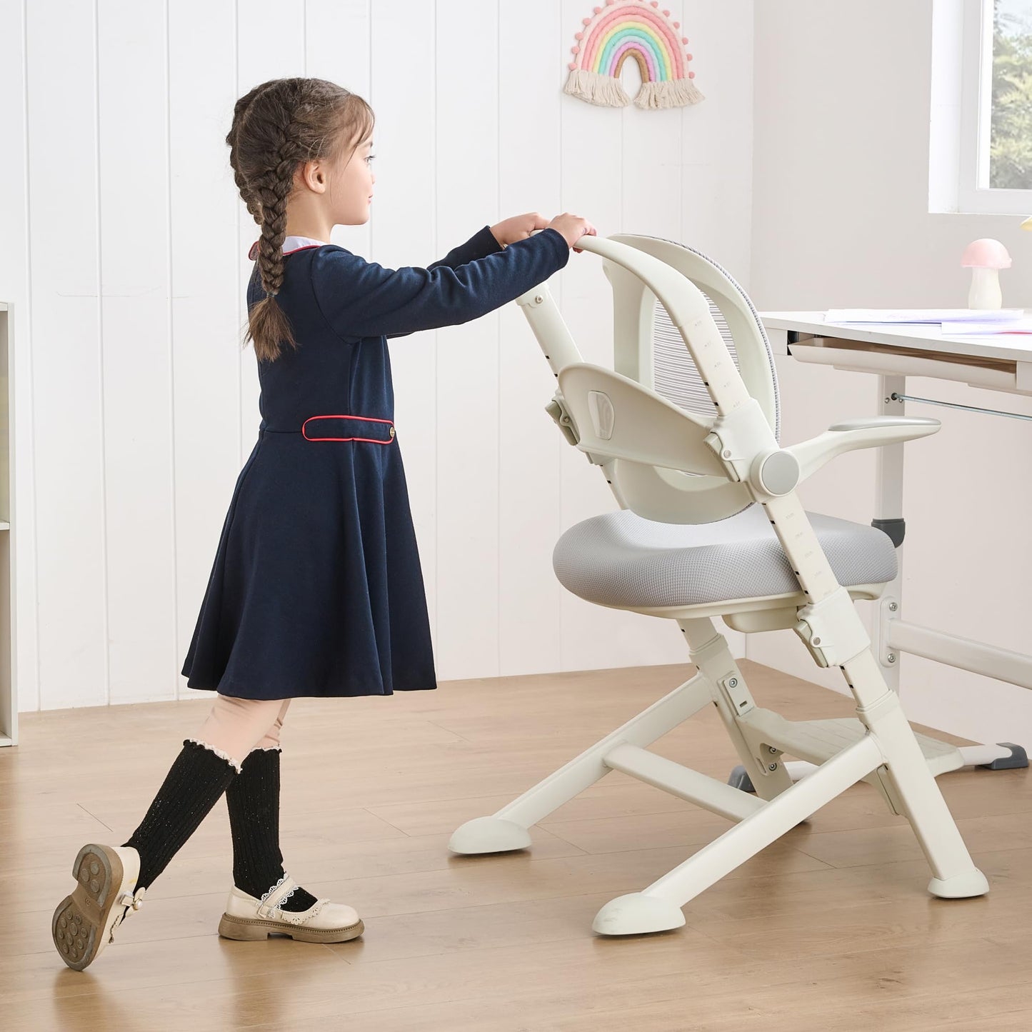 ERIYA Kids Desk Chair,Ergonomic Chair: Breathable Mesh Back, Adjustable Seat, Flip-Up Armrests, Footrest, Lumbar | Ideal for Kids, Petite Adults – Ultra-Comfy for Study/Work (Grey)