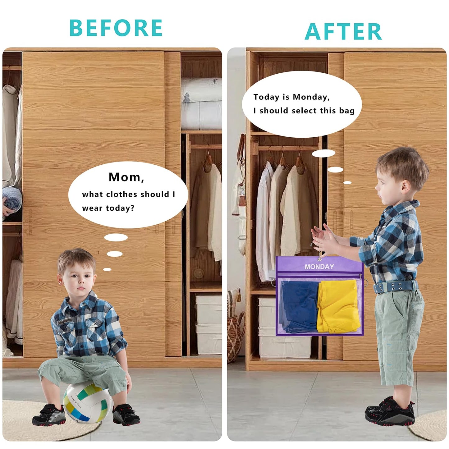 TEMUORG 7 Pcs Weekly Travel Organizer Pouches Day of Week Clothing Packing Cubes Monday to Sunday School Clothes Organizer for Kids (Purple)