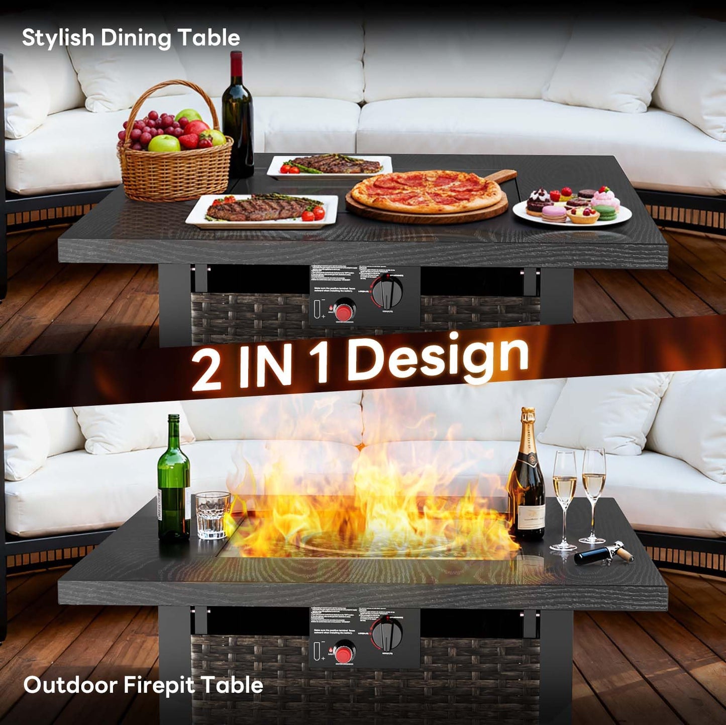 ZAFRO 28” Outdoor Fire Pit Table 50,000 BTU, 2-in-1 Rattan Propane Firepit Table with Glass Stones & Lid, Square Fire Table for Patio, Backyard, Deck, or Garden, Black