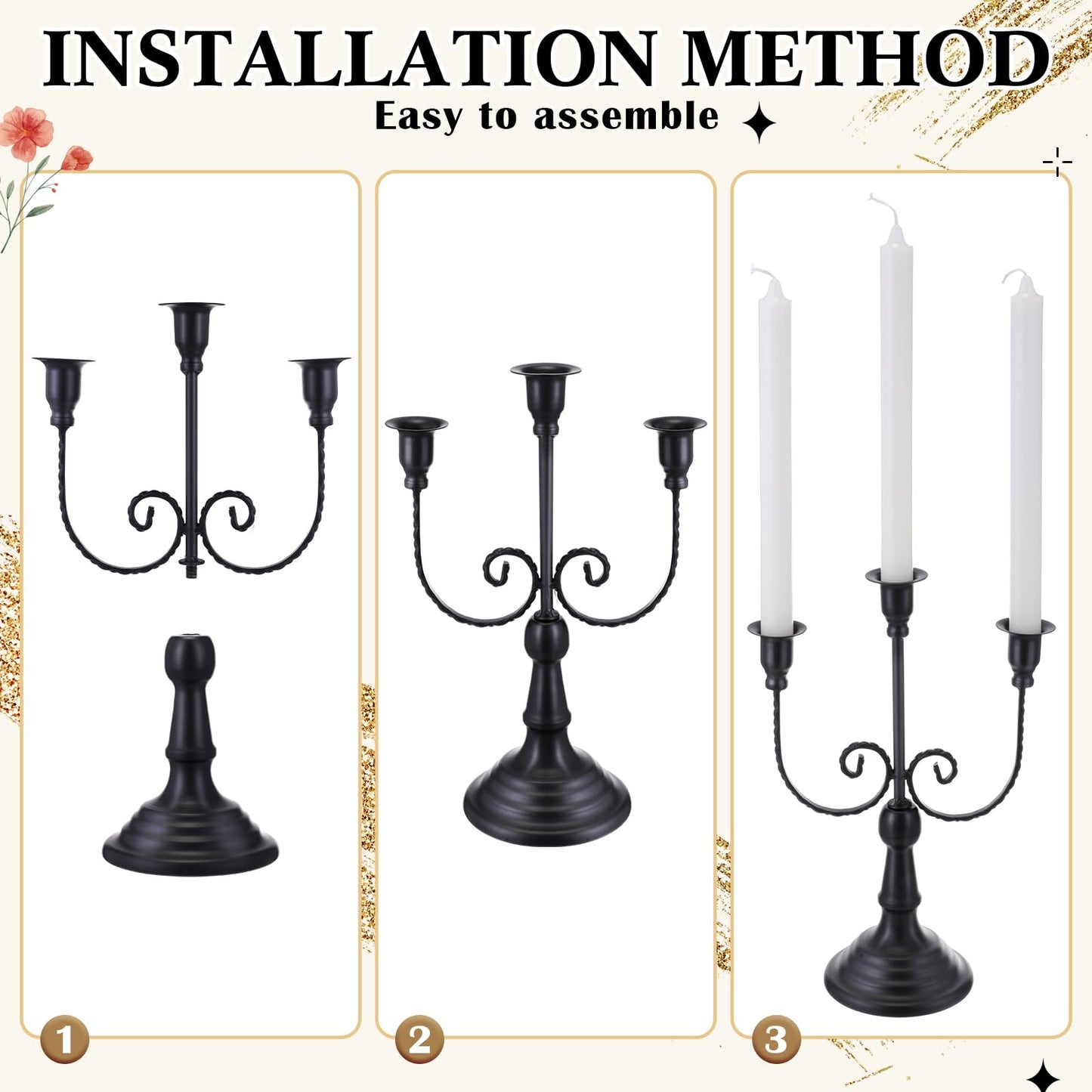 Dandat 3 Pcs 3 Arm Metal Candelabra Candlestick Holders Tall Candlestick Holders Gothic Candle Holder for Home Wedding Church Christmas Party(Retro,11.8 Inch,Black)