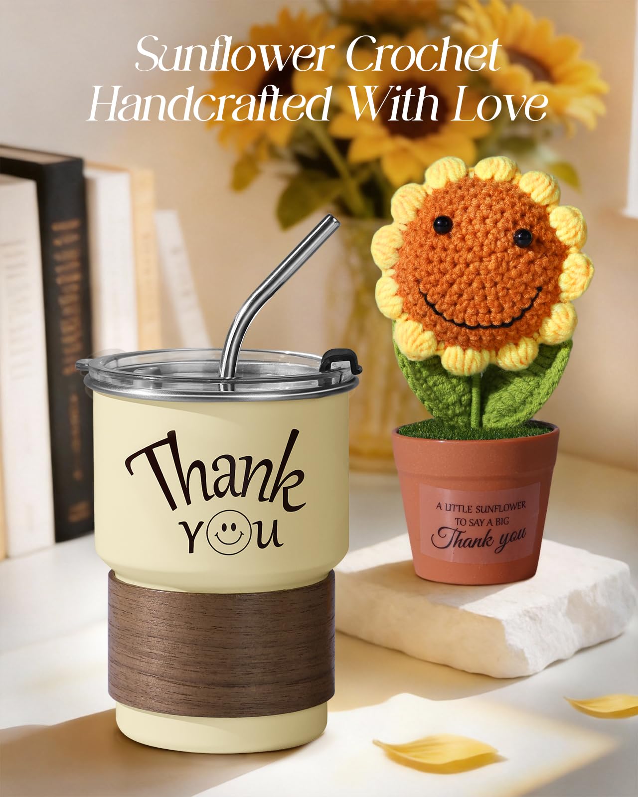 Coralogo Thank You Gift Basket for Women - 7pcs Teacher Appreciation Gifts, Thank You Gift Baskets for Teacher, Nurse, Employee, Coworker, Social Worker, Secretary with Crochet Sunflower