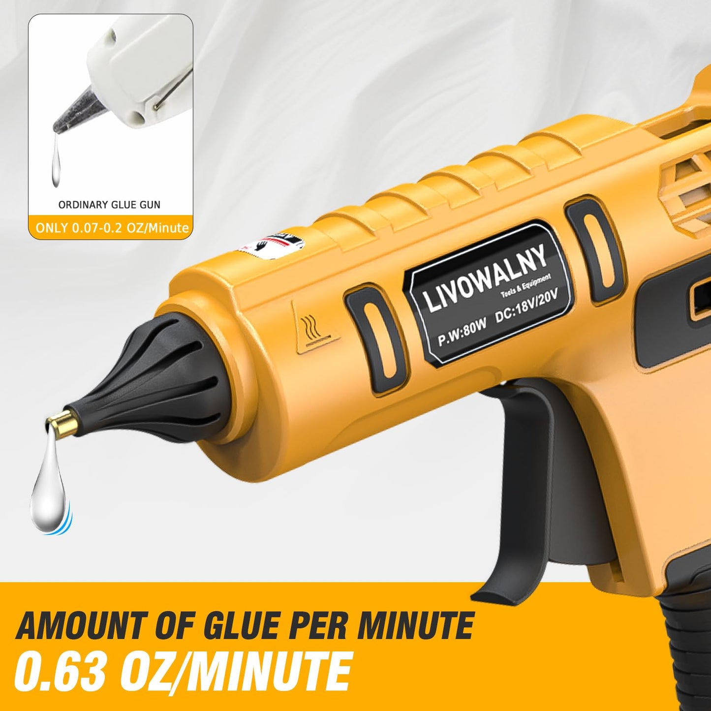 LIVOWALNY Cordless Hot Glue Gun Compatible with Dewalt 20V Battery (Tool Only) 100W Hot Glue Gun And 30 Sticks Set in Crafting Wood PVC Glass Home Repair with 30 Pcs 0.27 * 5.9 inch Hot Glue Sticks