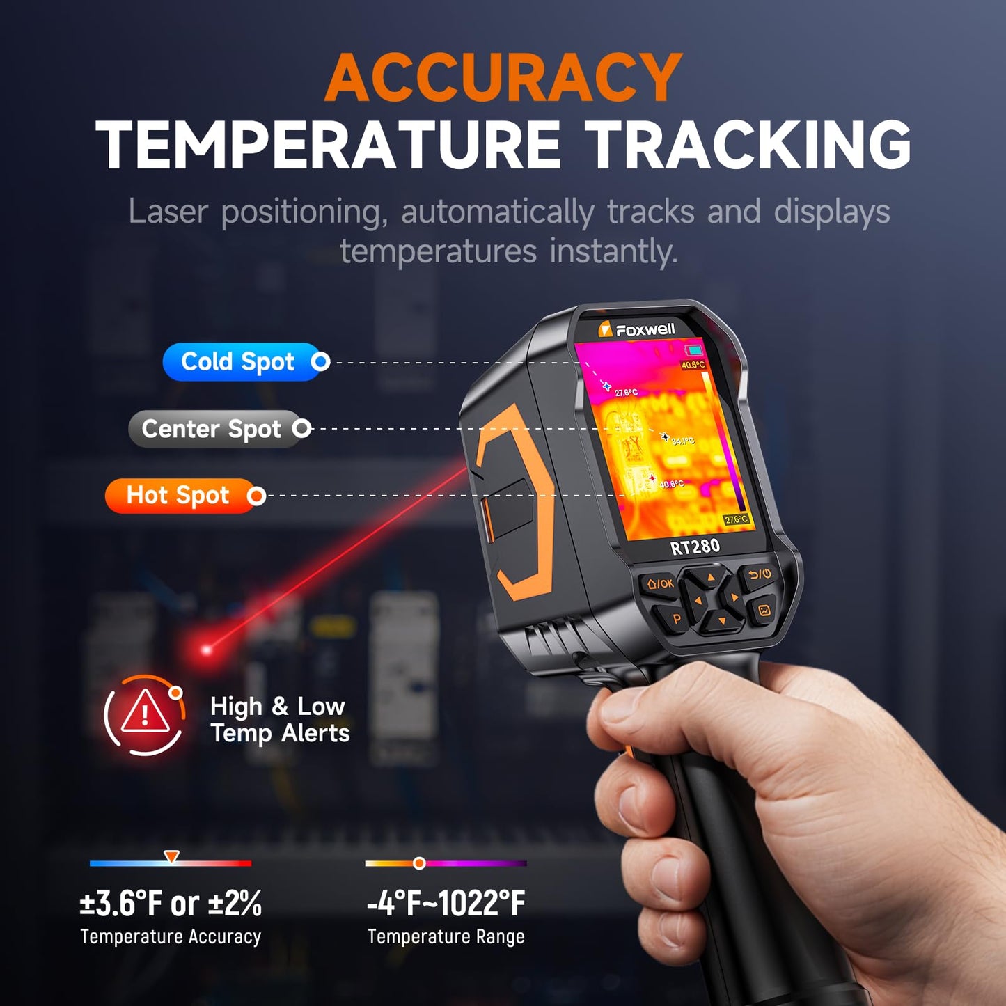 FOXWELL RT280 Thermal Imaging Camera, 320 X 240 2.8" LCD Screen Thermal Camera, TISR Resolution 240 x 180, 25Hz Handheld Infrared Cameras with Laser, PC Analysis, Photo & Video Recording, 8GB Storage