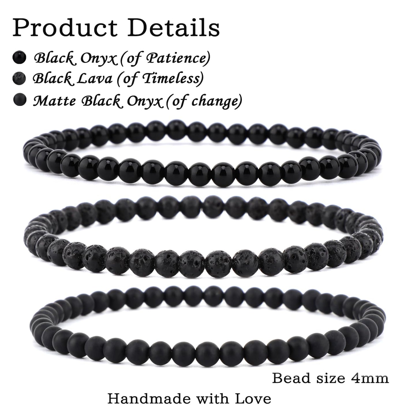 NCB 3-Piece 4mm Natural Crystal Gemstone Stretch Bracelets – ﻿Black Lava, Black Onyx, Matte Black Agate Handmade Reiki Energy Healing Jewelry for Meditation,Yoga, Unisex