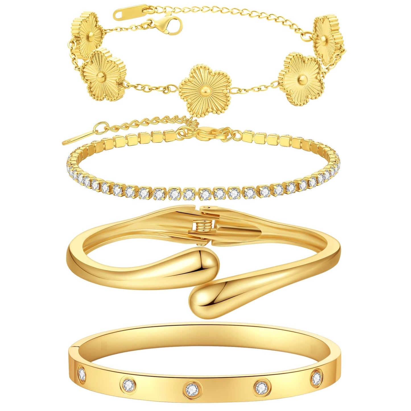 Mothers Day Gifts for Mom 18K Gold-Plated Bracelet Set – Floral Clover, Tennis, Chunky Adjustable Twist Cuff, Classic Gold-plated Bangle Stainless Steel, Non Tarnish, Stackable Bracelet Gift for Women