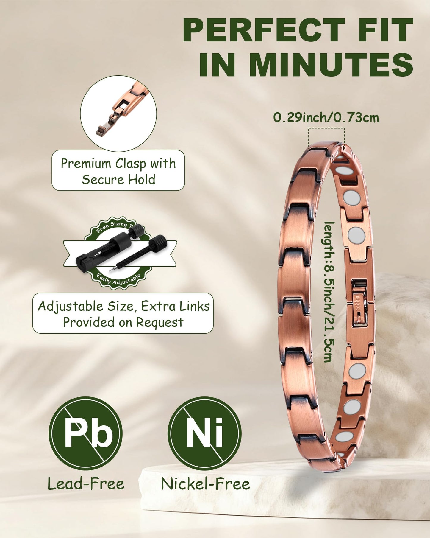 MagEnergy Copper Bracelet for Women, 99.9% Pure Copper Magnetic Bracelet, Adjustable Bracelet Jewelry Gifts (Plain Style)