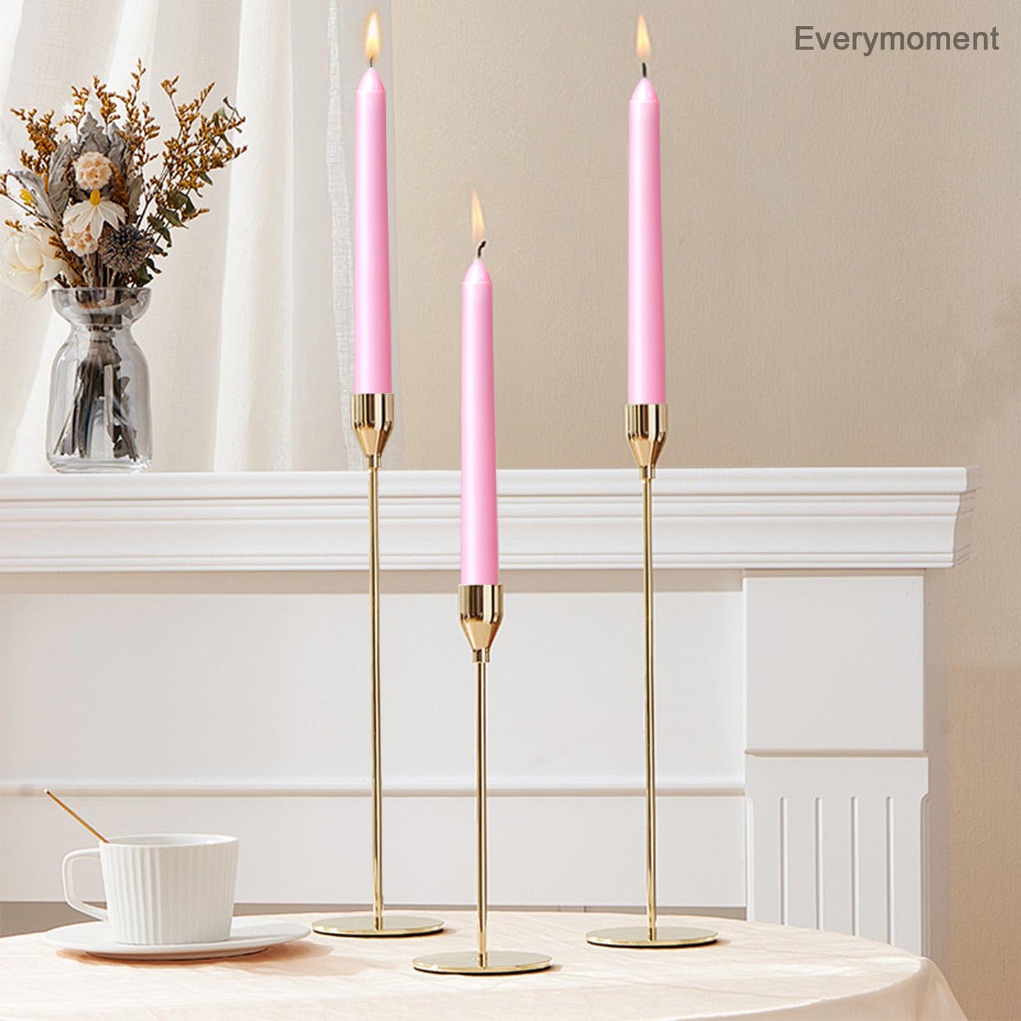 Everymoment Pink Taper Candles - 24 Pack 10 Inch Candlesticks - Dripless & Smokeless for 8 Hours - Unscented Paraffin Wax - Ideal for Wedding Mother’s Day Valentine's Day Baby Shower & Romantic Decor