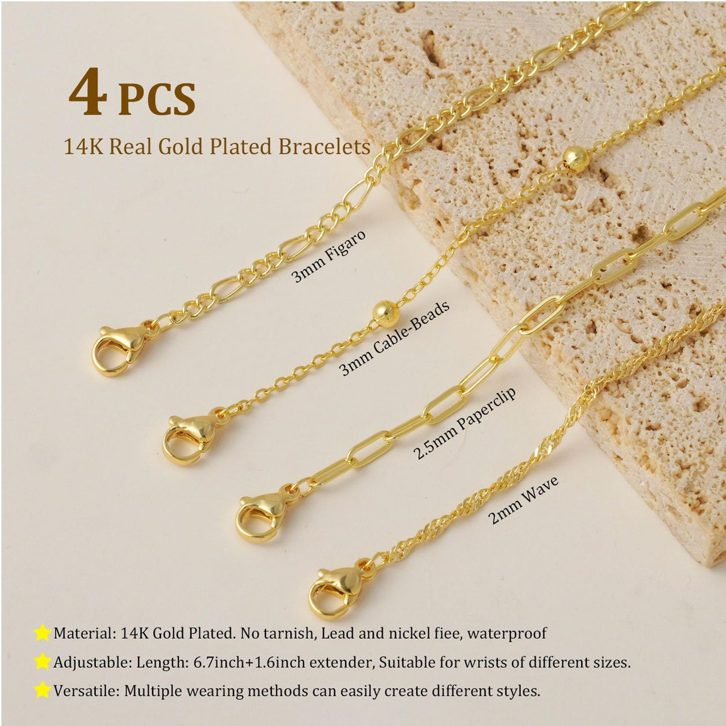 Gold Bracelets for Women, Dainty 14K Gold Plated Bracelet Stack for Women Trendy CZ Tennis Paperclip Cuban Chain Stackable Adjustable Waterproof Link Bracelet Jewelry Set Fashion Accessories Gifts