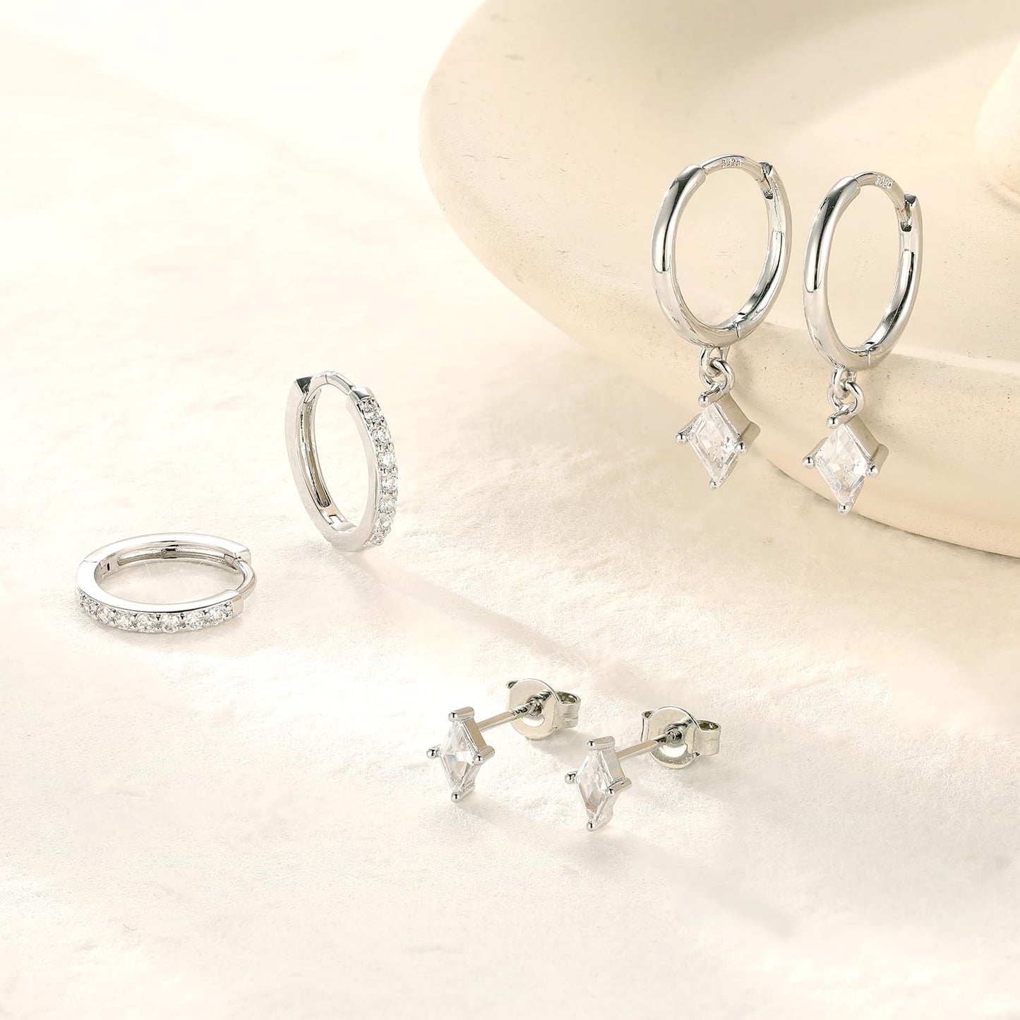 3 Pairs 925 Sterling Silver Hoop Earrings Set for Women, Hypoallergenic Silver Earrings for Multiple Piercing, Dainty Huggie Earrings Cartilage Silver Earring Stacks for Women Trendy Jewelry Gifts