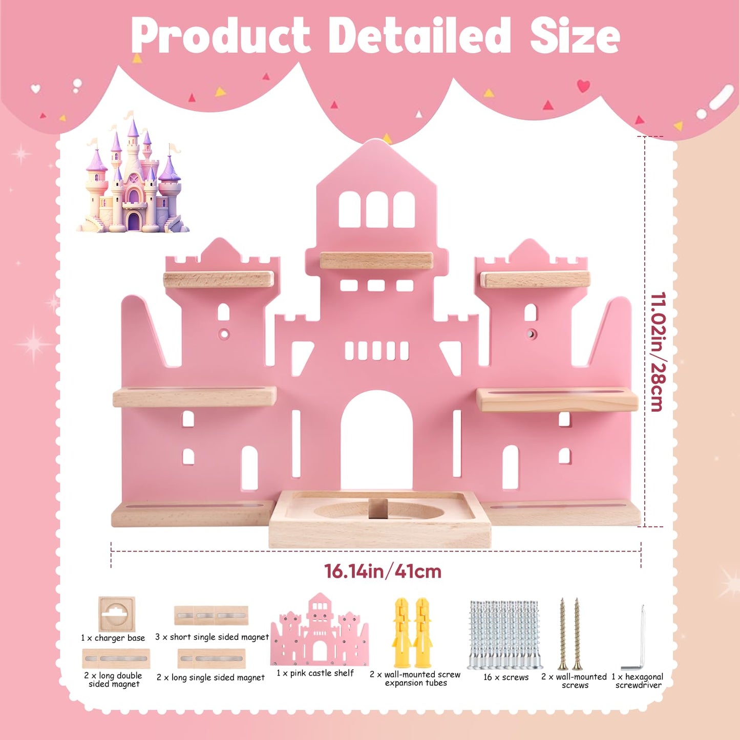 Tonie Shelf for Tonies Box 2/1 - Tonie Storage for Tonie Box & Tonies Figures & Charging Station, Magnetic Wooden Floating Shelf for Toniebox & 15-33 Tonies Characters, Wall Mounted Rack,Castle Shape