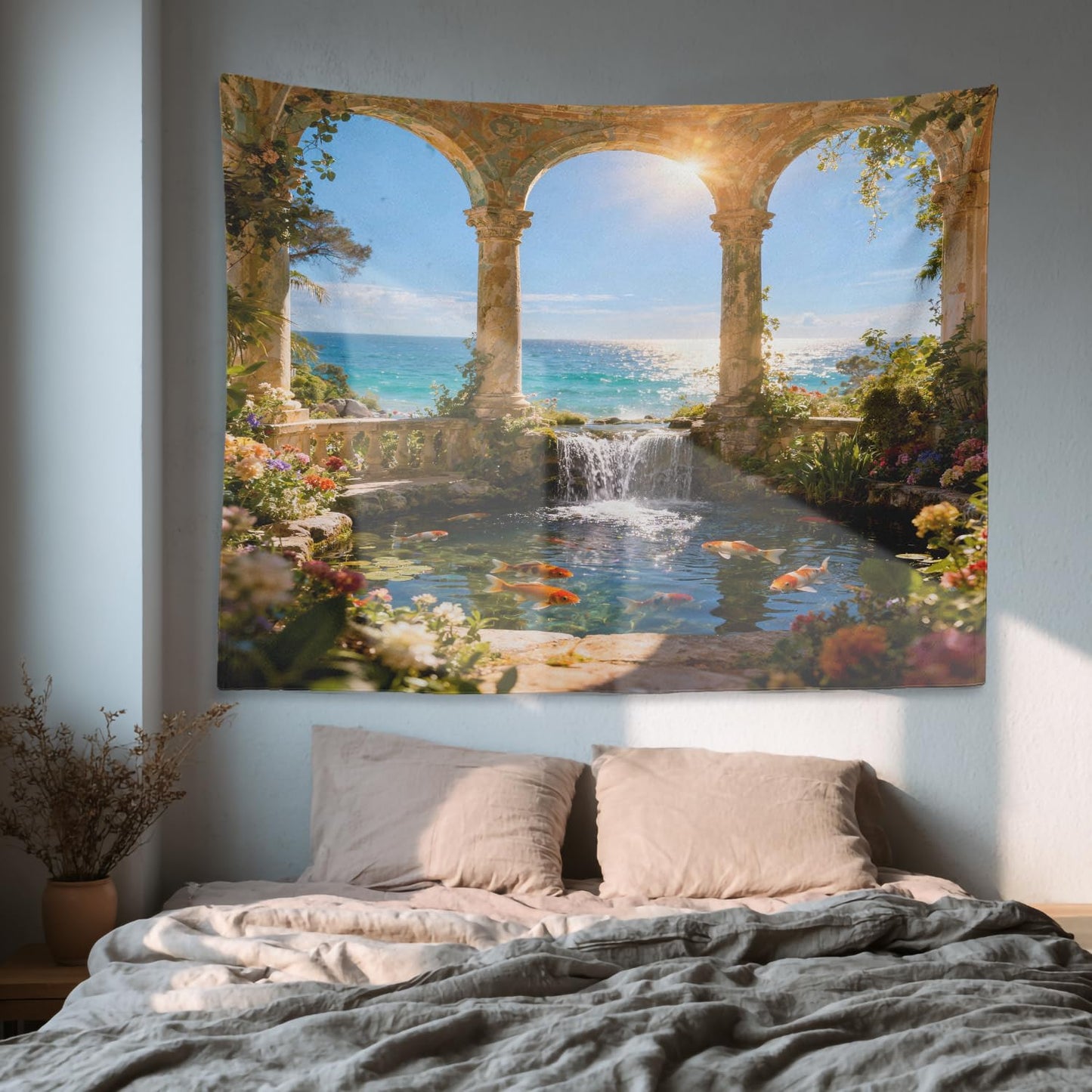 Shrahala Green Beautiful Landscape Wall Tapestry, Palace Beauty Retro Pavilion Waterfall Nature Scenery Wall Hanging Large Tapestry Decoration Fiber White Hem Around For Dorm Room Bedroom 30 X 40 In