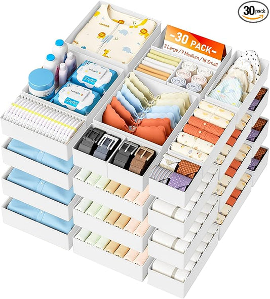 DIMJ Drawer Organizer Clothes - 30 Pack Closet Drawer Organizer Bins for Baby Clothes Storage, Fabric Dresser Organizer for Nursery Bedroom, Foldable Small Drawer Dividers for Underwear Socks