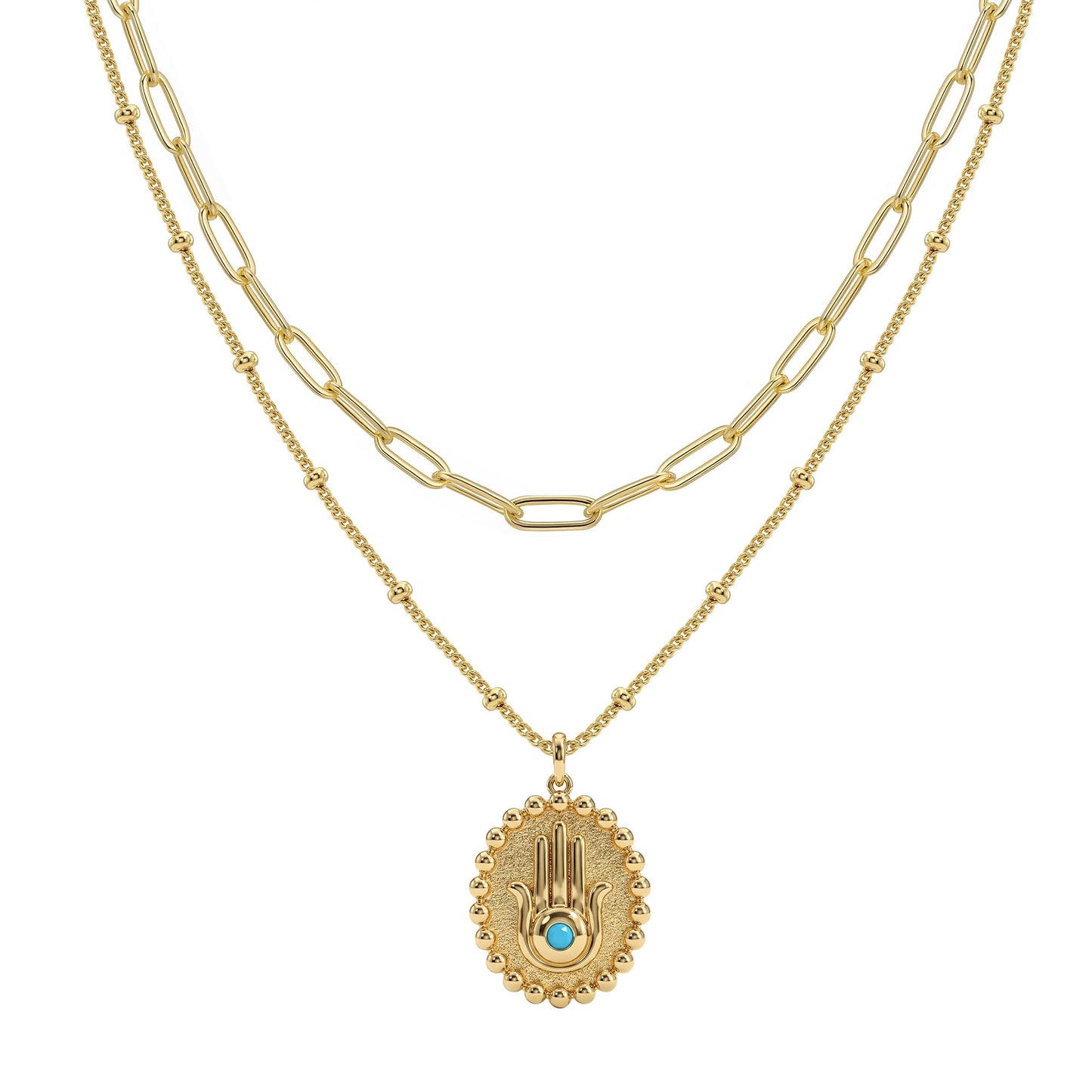 MEVECCO Gold Layered Choker Necklace for Women, 18K Gold Plated Dainty Oval Hamsa Pendant Minimalist Paperclip Double Layer Necklace for Jewelry