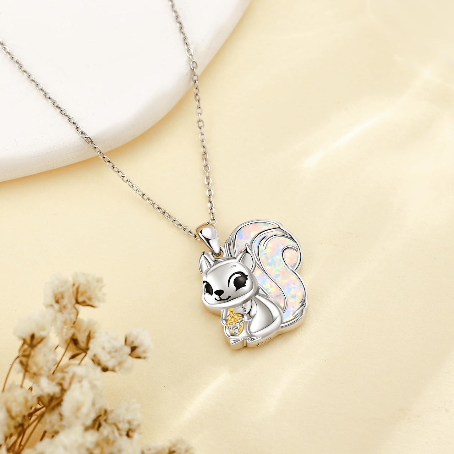 YAFEINI Squirrel Necklace 925 Sterling Silver Opal Squirrel Pendant Necklace Opal Jewelry for Women Squirrel Lovers Christmas Birthday Gift