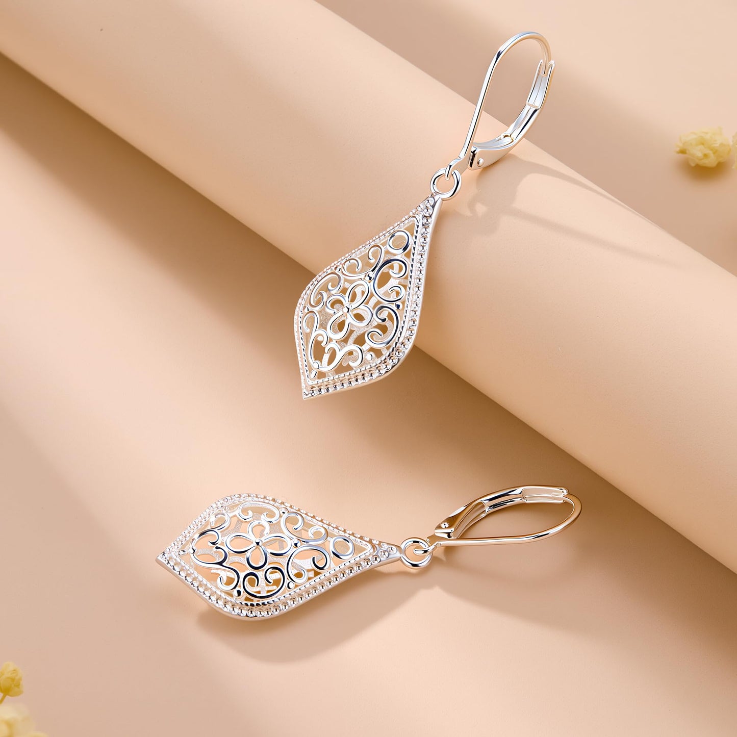 925 Sterling Silver Dangle Earrings for Women, Teardrop Filigree Dangling Leverback Earrings, Silver Waterdrop Hypoallergenic Dangly Drop Earings for Women Trendy Jewelry Gifts