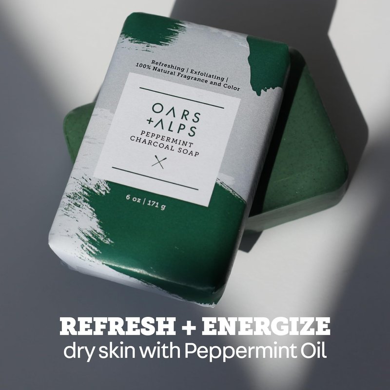 Oars + Alps Exfoliating & Moisturizing Bar Soap for Men, Deep Cleaning Soap, Clean Ingredients, All Skin Types, Peppermint Charcoal, 3pk