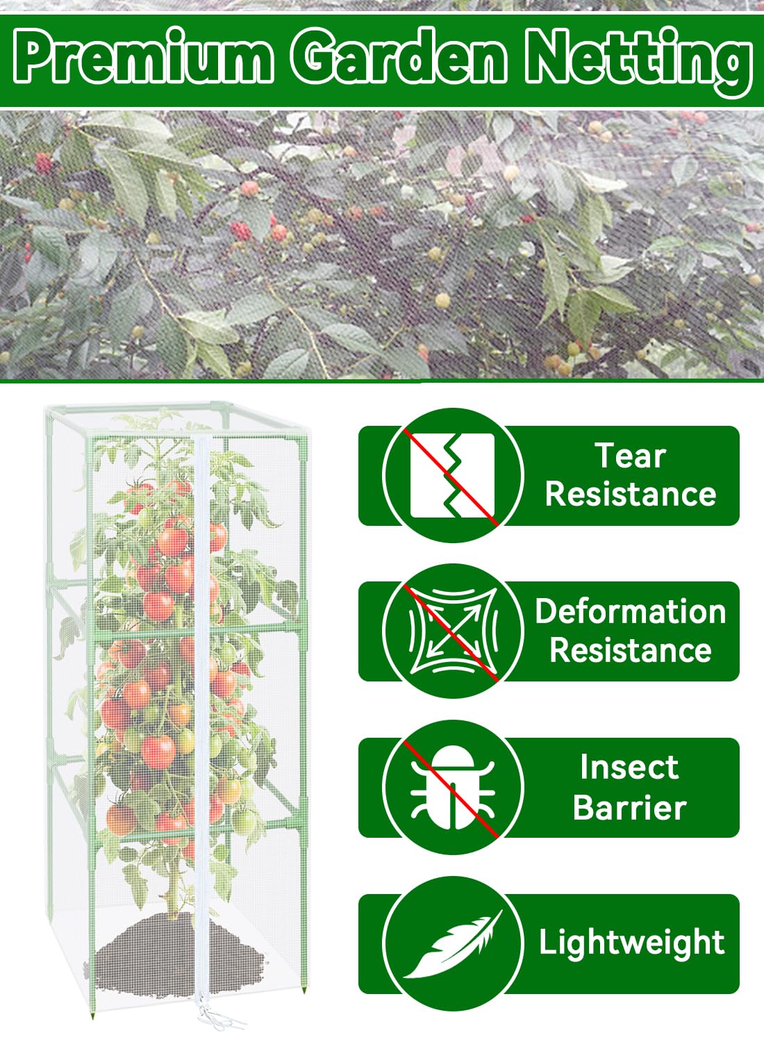 ZeeDix 43.3" x 16.1" Garden Bird Netting for Square Tomato Cage, 2 Pack Garden Mesh Barrier, Plant Covers Protect Tomatoes, Vegetables, Blueberry Bush from Birds & Pests