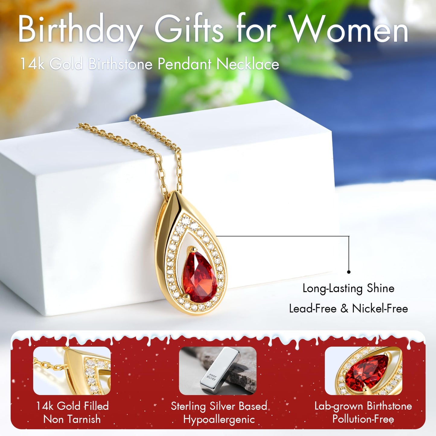 Kstyle 14k Gold Garnet January Birthstone Pendant Necklaces for Women Birthday Gift Anniversary Valentine's Day Jewelry for Wife Daughter Grandma Mom Sister Non Tarnish
