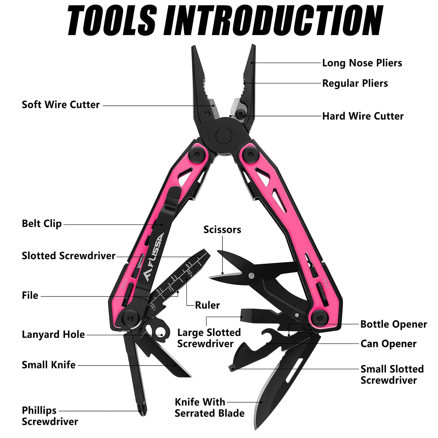 FLISSA 16-in-1 Pink Multi Tool Pliers, Gifts for Mom Women, Stainless Steel EDC Multitool with Pocket Knife, Belt Clip and Oxford Pouch, for Camping Survival Outdoor Activities