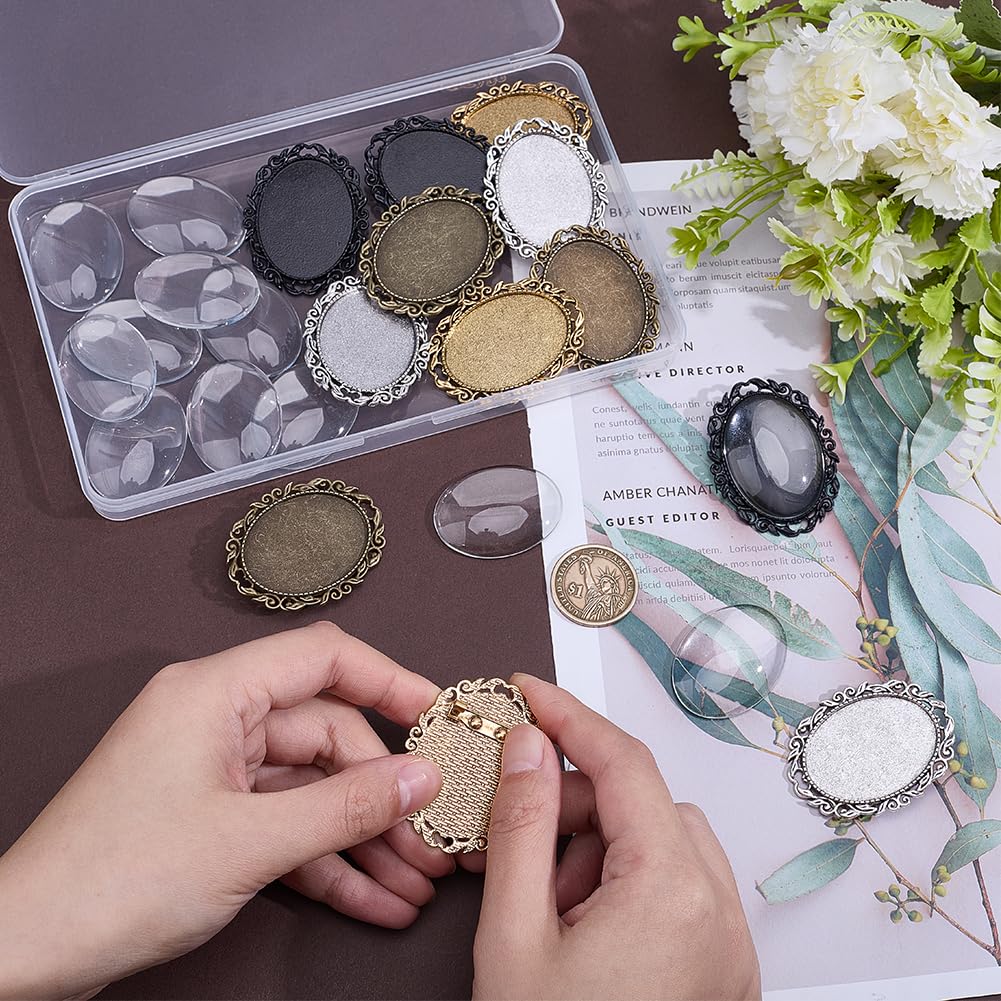 CRAFTYMELODY 12 Sets Brooch Cabochon Making Kit 4 Styles Vintage Oval Brooch Blank Bezel Oval Brooches Pins Trays with Clear Glass Cabochons for Bridal Wedding Graduation Jewelry Making DIY Craft