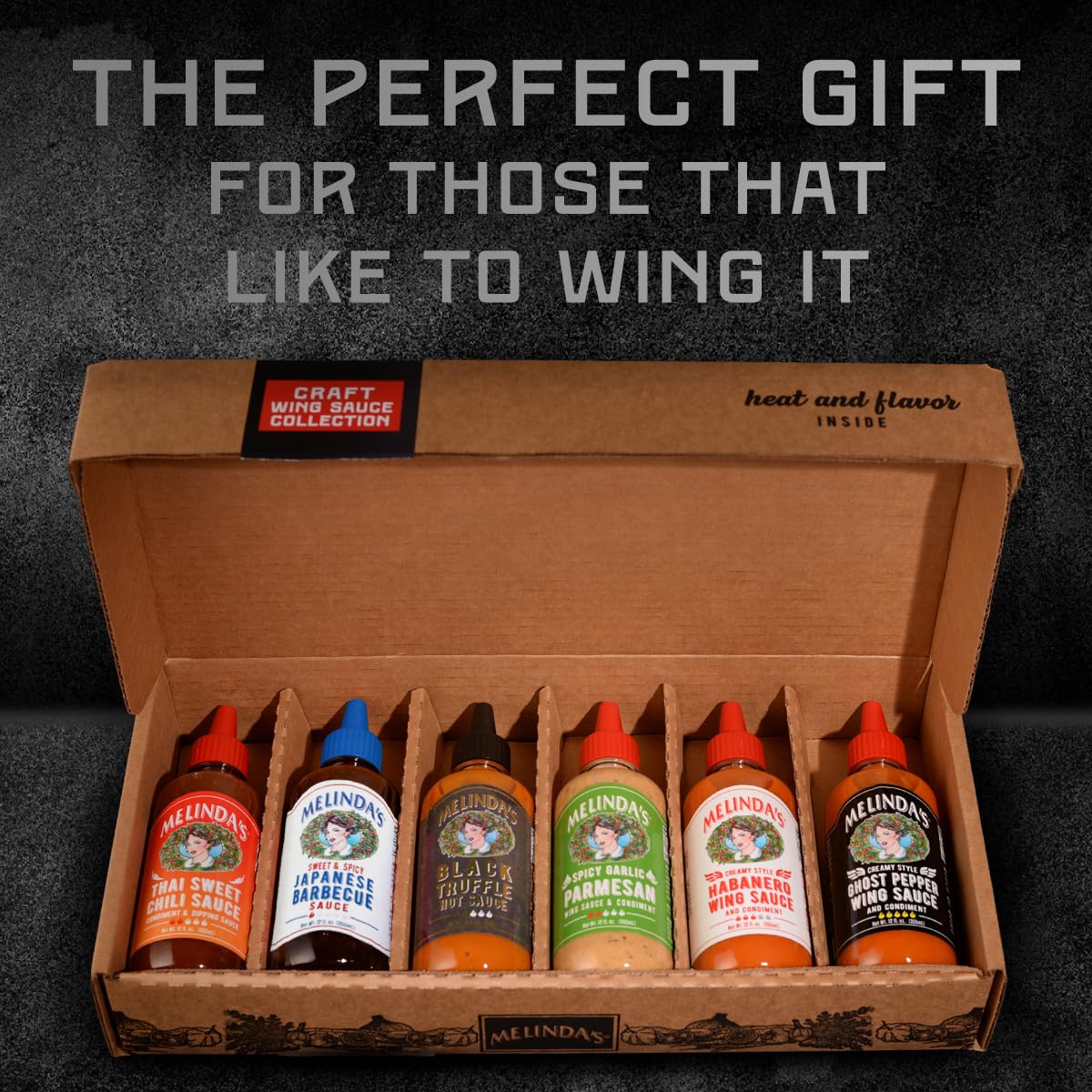Melinda’s Craft Wing Collection - Craft Wing Sauce & Condiment Gift Set for Buffalo Wings - Black Truffle Hot Sauce, Thai Sweet Chili, Japanese BBQ, Ghost Pepper Wing Sauce & More - 12 oz, 6 Pack