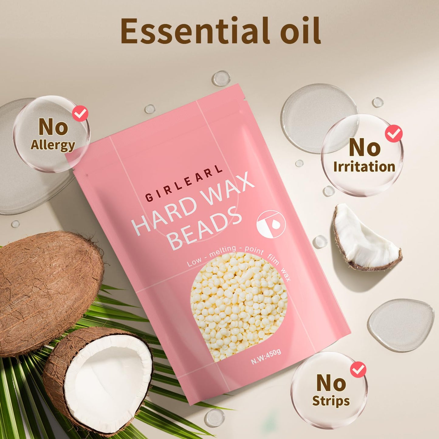 GIRLEARLE Hard Wax Beads, 1lb Wax Beans for Hair Removal, Hard Wax for Sensitive Skin at Home, Wax Refill Perfect for Eyebrow, Facial, Brazilian Bikini, Legs and Full Body for Women and Men (Cream)