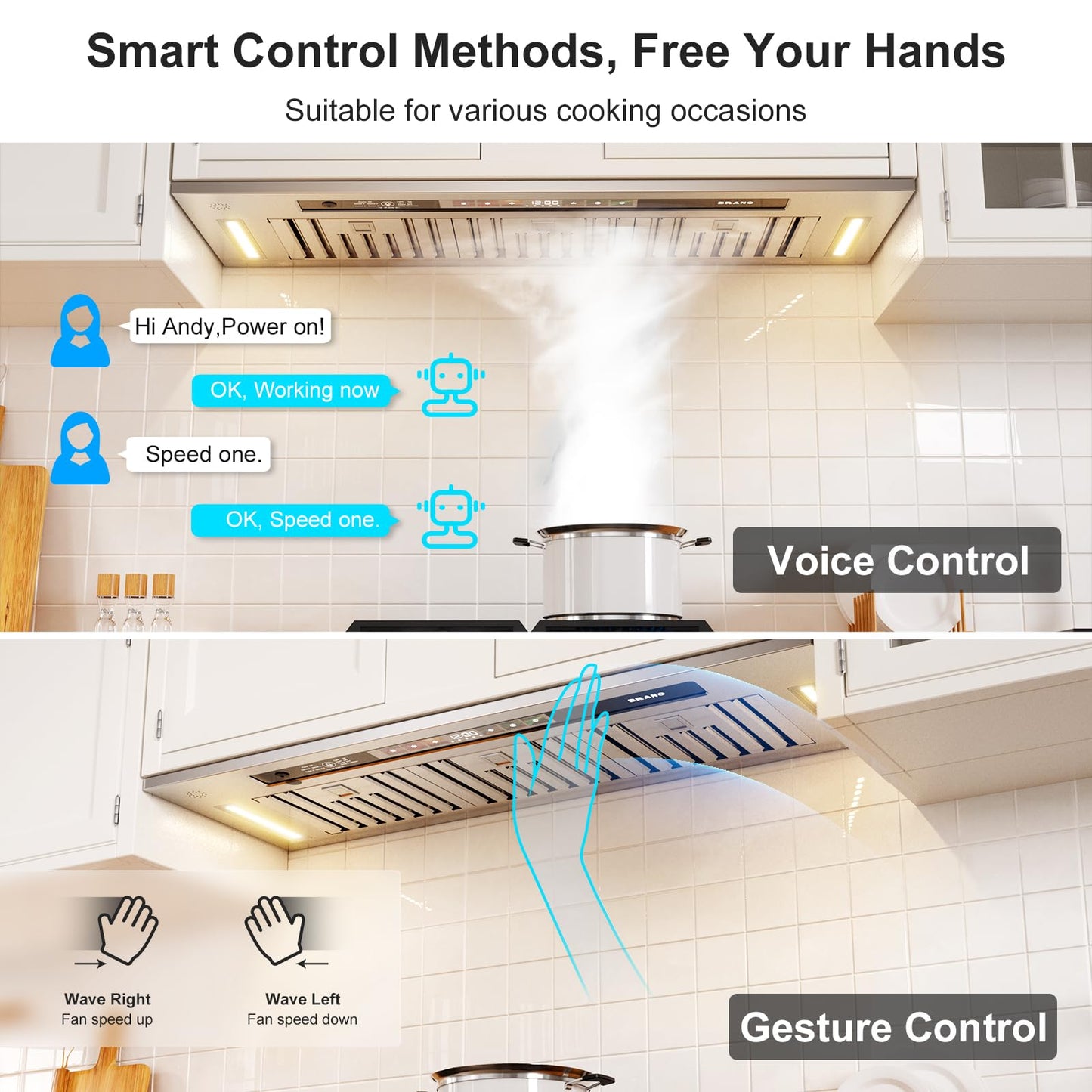 BRANO Range Hood Insert 36 Inch, 900 CFM Smart Voice/Gesture/Touch Control, 4 Speed Exhaust Fan, Stainless Steel Kitchen Hood with Charcoal Filter, Ducted/Ductless Convertible