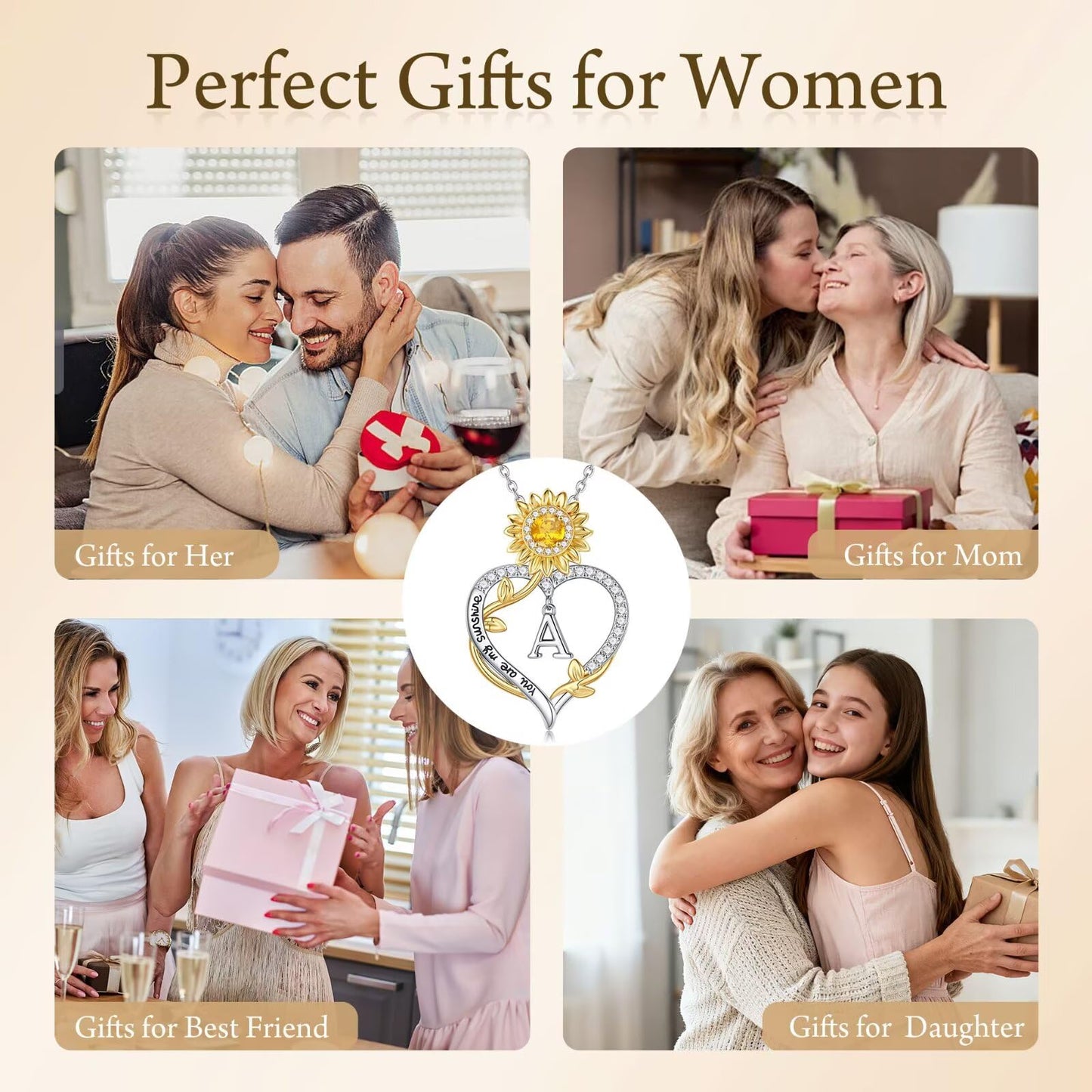 MONOOC Sunflower Gifts for Mom - Mom Birthday Gift Idea Heart Sunflower Necklace for Women, 14K-White-Gold-Plated Heart Initial Letter K Necklace for Women Jewelry