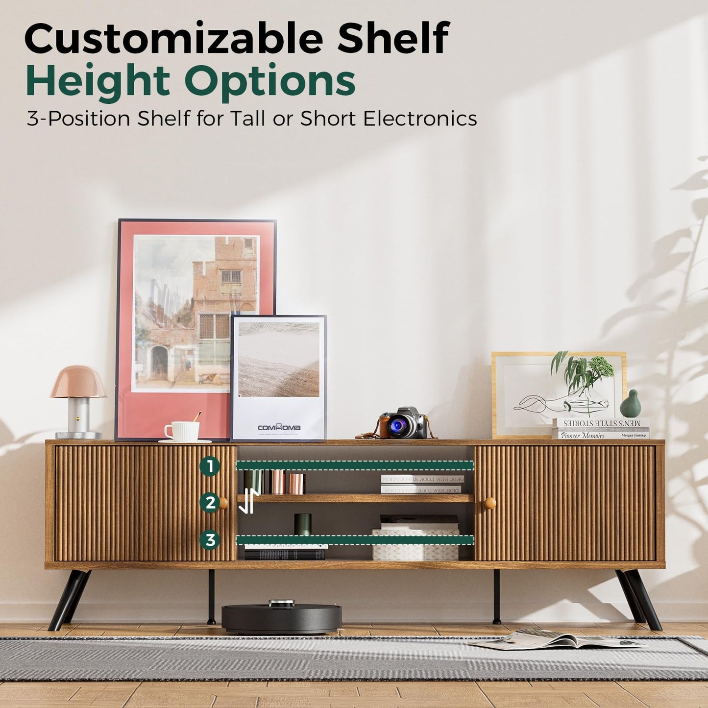 COMHOMA TV Stand for Living Room, Mid Century Modern Entertainment Center for 55/60/65 Inch TVs, Retro Brown TV Console with Fluted Door Cabinets and Open Adjustable Shelve Storage for Bedroom (59In)