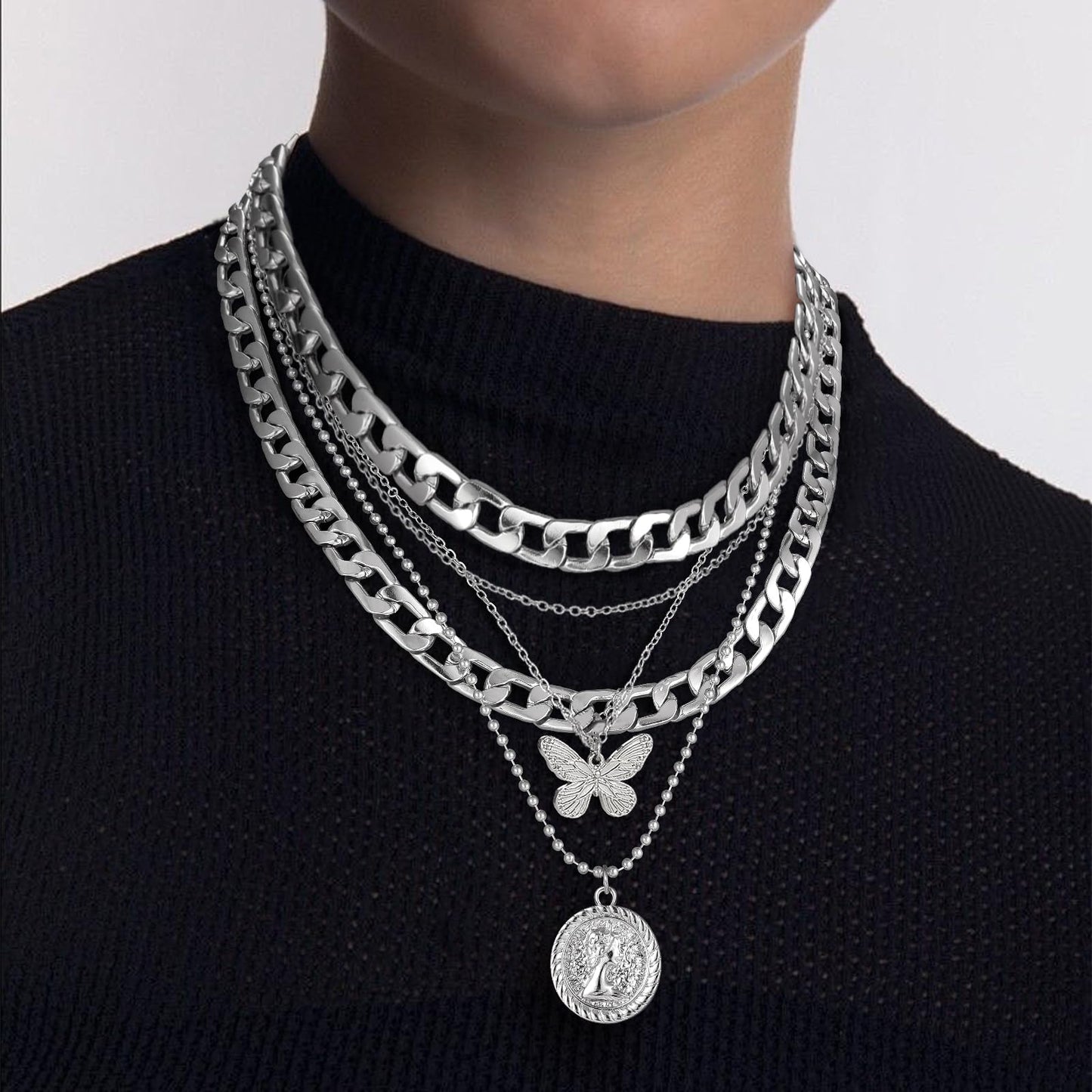 MJartoria Gold Layered Necklaces for Women Trendy Retro Coin Pendant Necklace Dainty Chunky Chain Choker Necklaces for Jewelry Birthday Gifts (Silver, A-X-Butterfly-5 in 1 Layered)