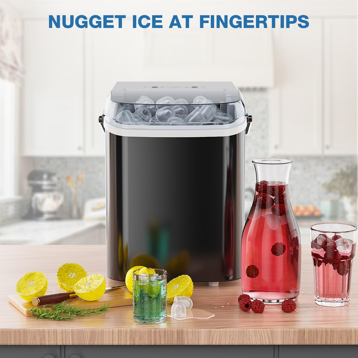 Sweetcrispy Portable Ice Maker Countertop with Ice Scoop, Basket and Handle, 9 Ice Cubes in 6 Minutes, 26.5lbs/24Hrs, Self-Cleaning with 2 Sizes of Bullet Ice for Kitchen, Office, Bar, Ink Black