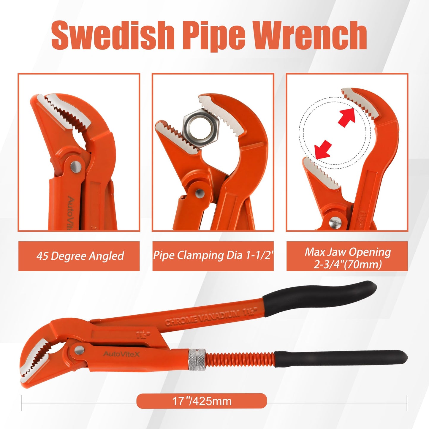 AutoViteX 17-Inch Swedish Pipe Wrench, Heavy Duty Adjustable Plumbing Wrench with 45°Angled Jaw for All Types of Nuts, Water Pipes