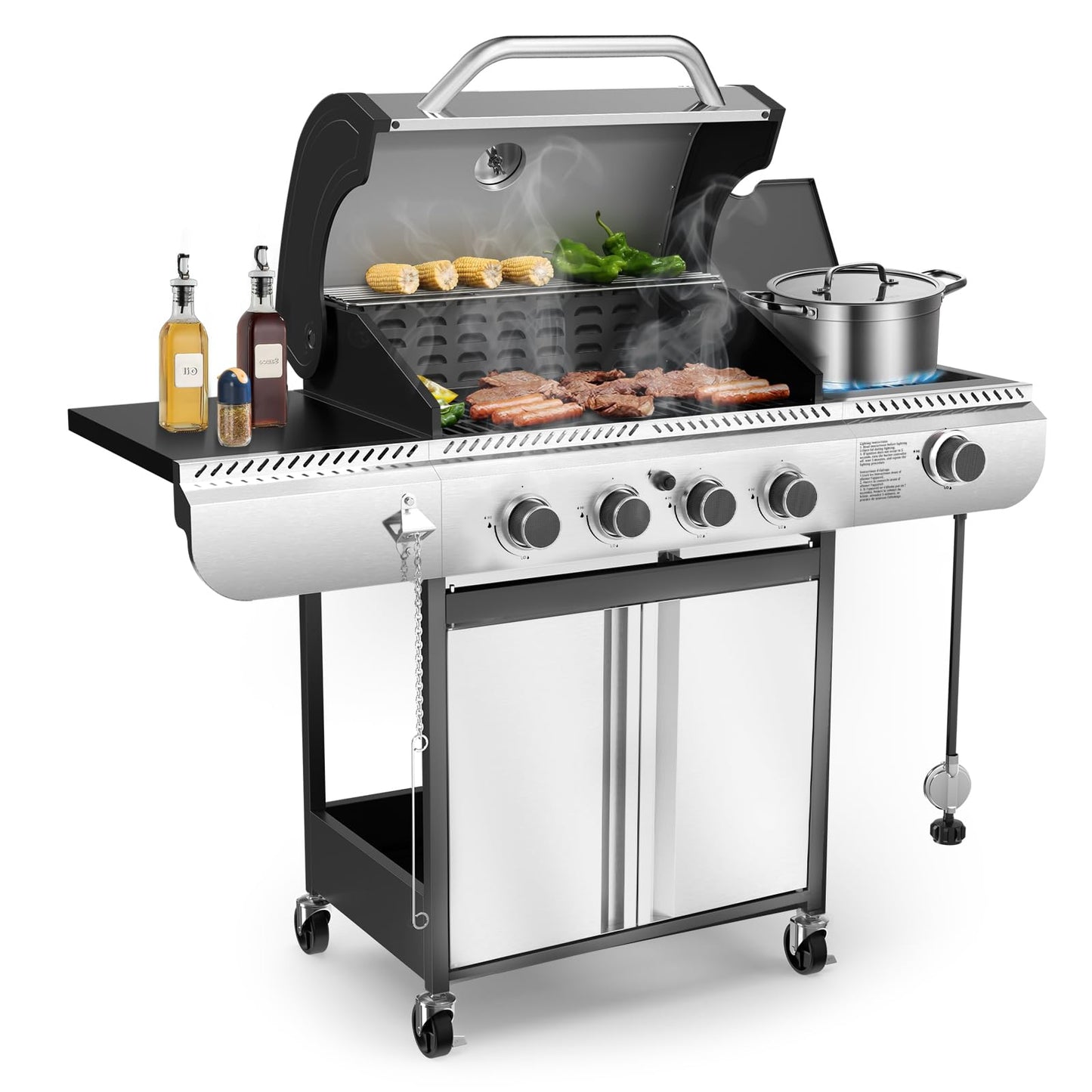 Electactic G41 Gas Grill,4-Burner Gas BBQ Grill with Side Burner, Porcelain-Enameled Grills, 42,000 BTU Stainless Steel Propane Grill for Outdoor Cooking and Patio Barbecues