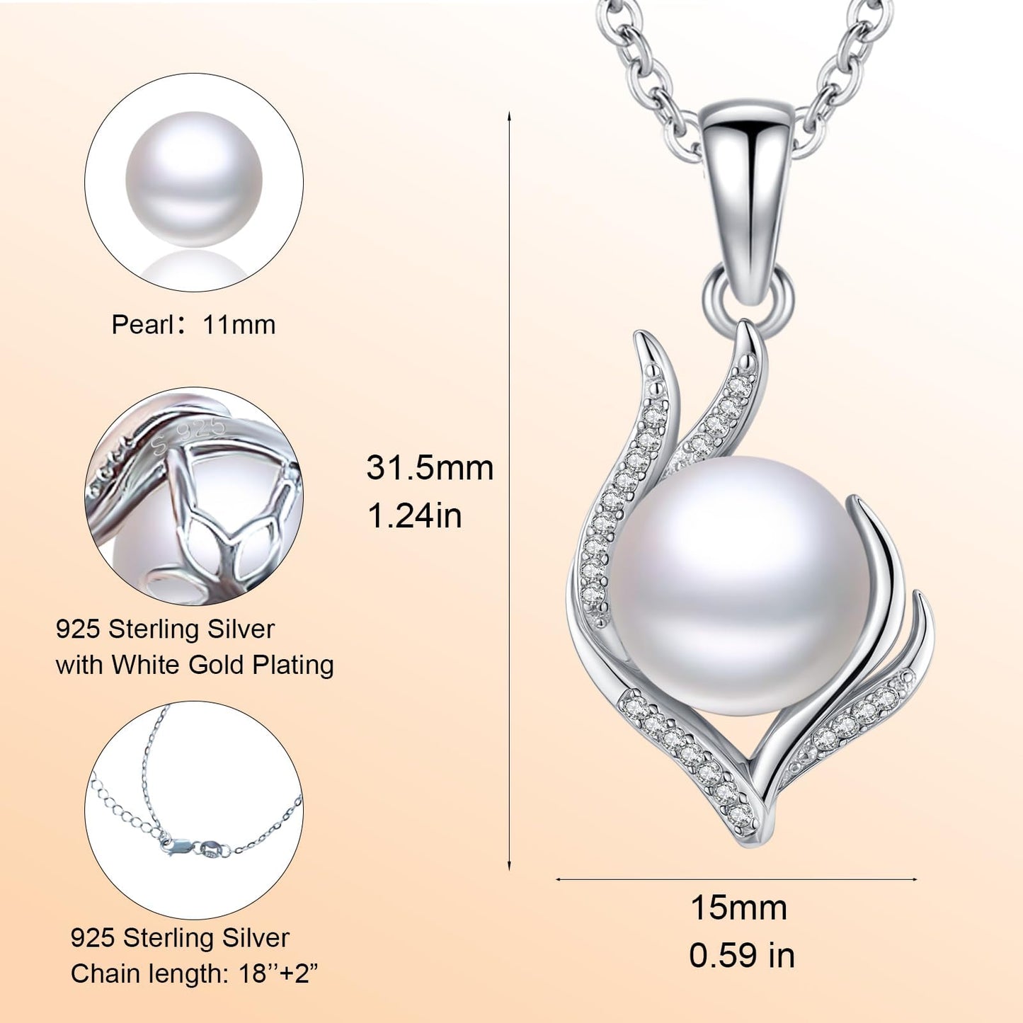 11 mm Flame Pearl Necklace 925 Sterling Silver Jewelry 5A Cubic Zirconia Pendant Necklace Gifts for Mom Women Girlfriend Grandma Lover Her Wedding Birthday Anniversary Engagement Valentine's Day