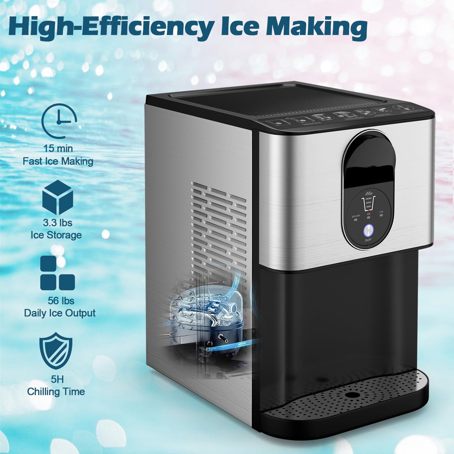 ARLIME Self Dispensing Nugget Ice Maker Countertop, 56 lbs/24 H Pepple Chewable Ice Making Machine w/Self-Cleaning System, Pellet Ice Machine w/ 0.63 gal Water Tank for Home Kitchen Party
