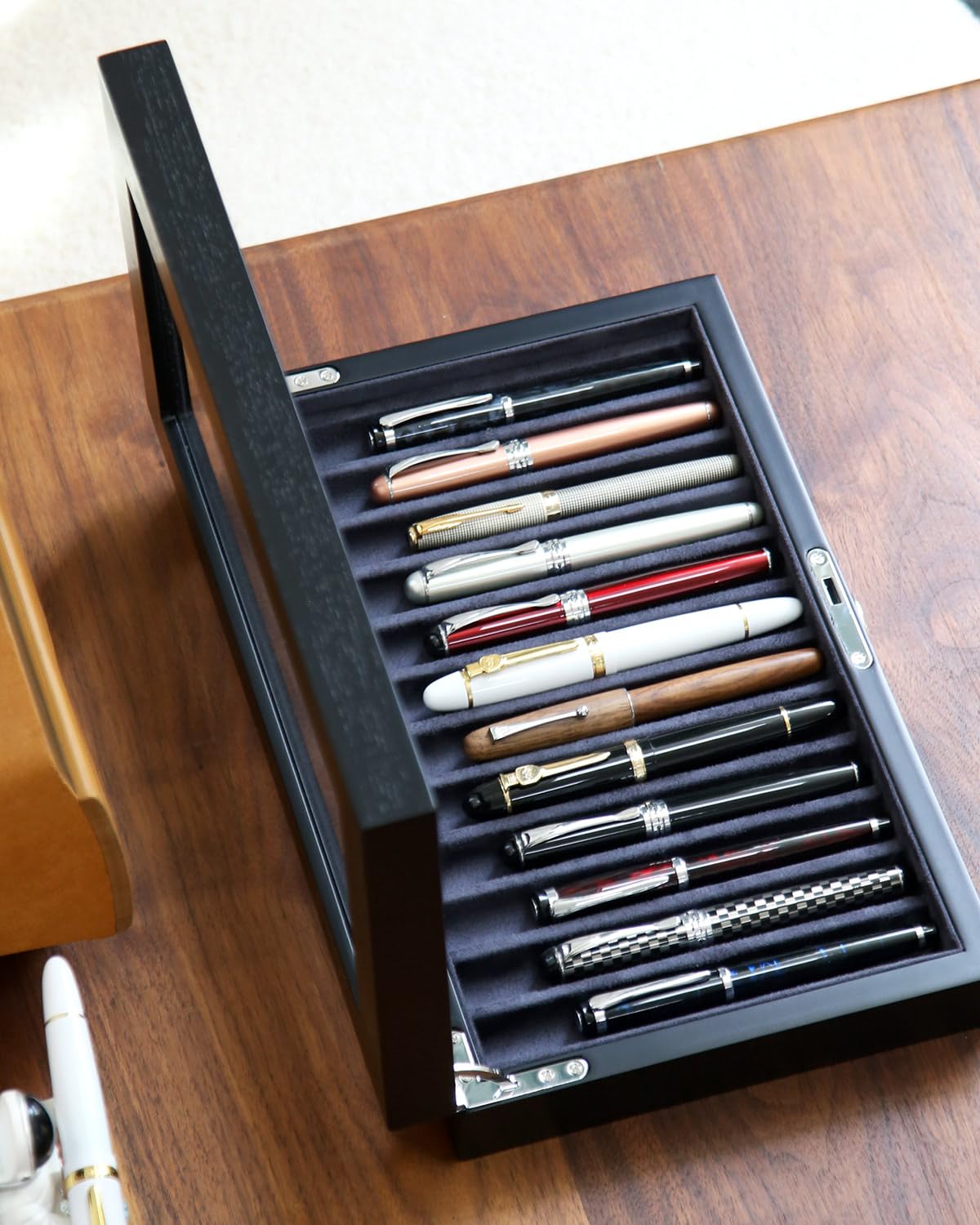 Besforu 12-Slot Fountain Pen Collector Case – Lockable Wooden Organizer with Glass Display Top, Premium Storage Box for Writing Instruments and Gift for Men