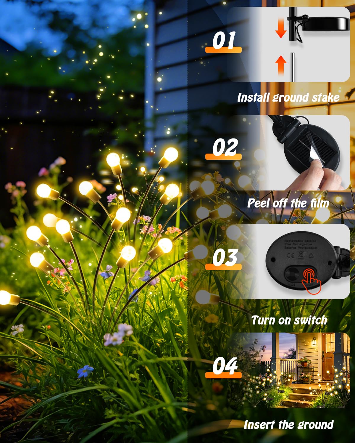 OZS 6 Pack Total 48 LED Solar Garden Lights Fairy Outdoor - Solar Firefly Lights Outdoor, Sway by Wind, Waterproof for Garden Patio Pathway Fairy Decoration (Warm White)