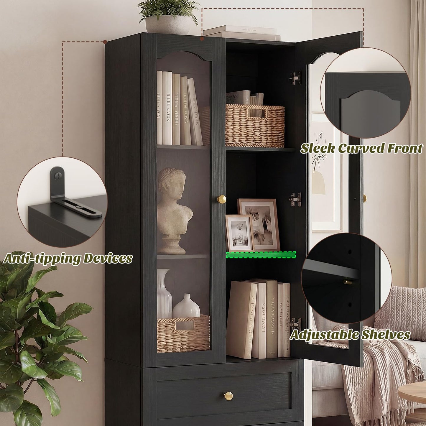 Cyclysio 80" Tall Pantry Cabinet for Kitchen Storage, 2 Set Black Pantry Cabinet with Glass Doors & 3 Drawers - Freestanding Storage Bookcase with Built-in Baseboard Notch for Dining, Living Room