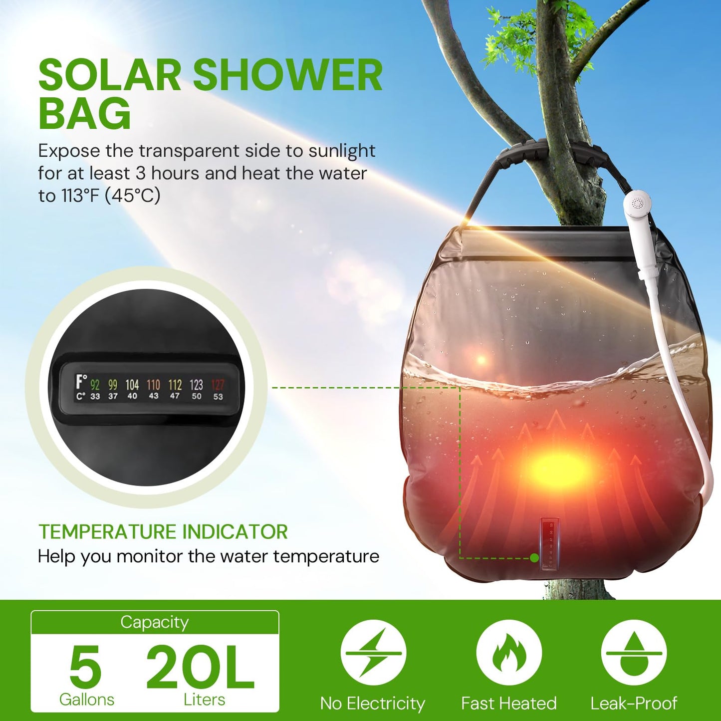 sapsisel Camping Shower Bag, 5 Gal/20L Solar Heating Camping Shower with Upgraded Hose and Shower Head, Portable Shower for Camping, Solar Shower