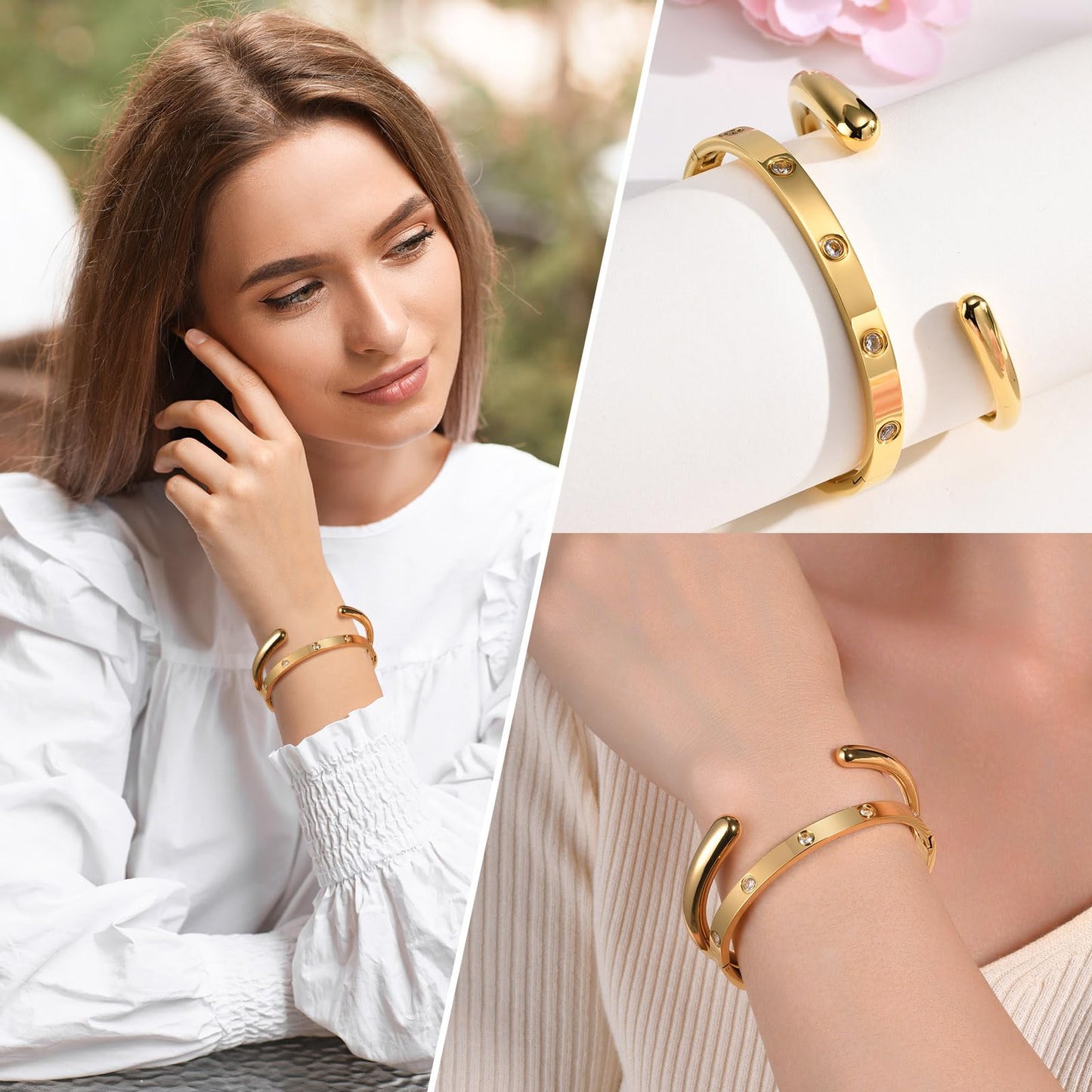 MPRAINBOW Gold Bracelets for Women, 2Pcs 18K Gold Plated Cubic Zirconia Bangle Crystal Friendship Bracelet Jewelry,Wedding Party Christmas Birthday Gift for Girlfriend Sister Daughter