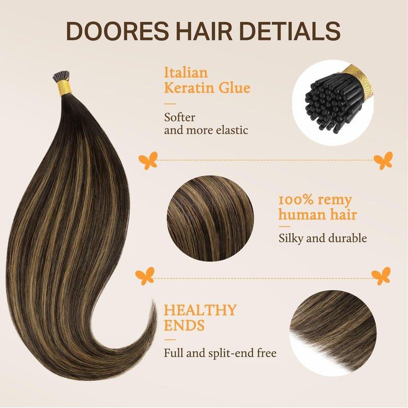 DOORES I Tip Hair Extensions Real Human Hair, Balayage Dark Brown to Chestnut Brown 18 Inch 50g/50s,I Tips Invisible I Tips Extensions Cold Fusion