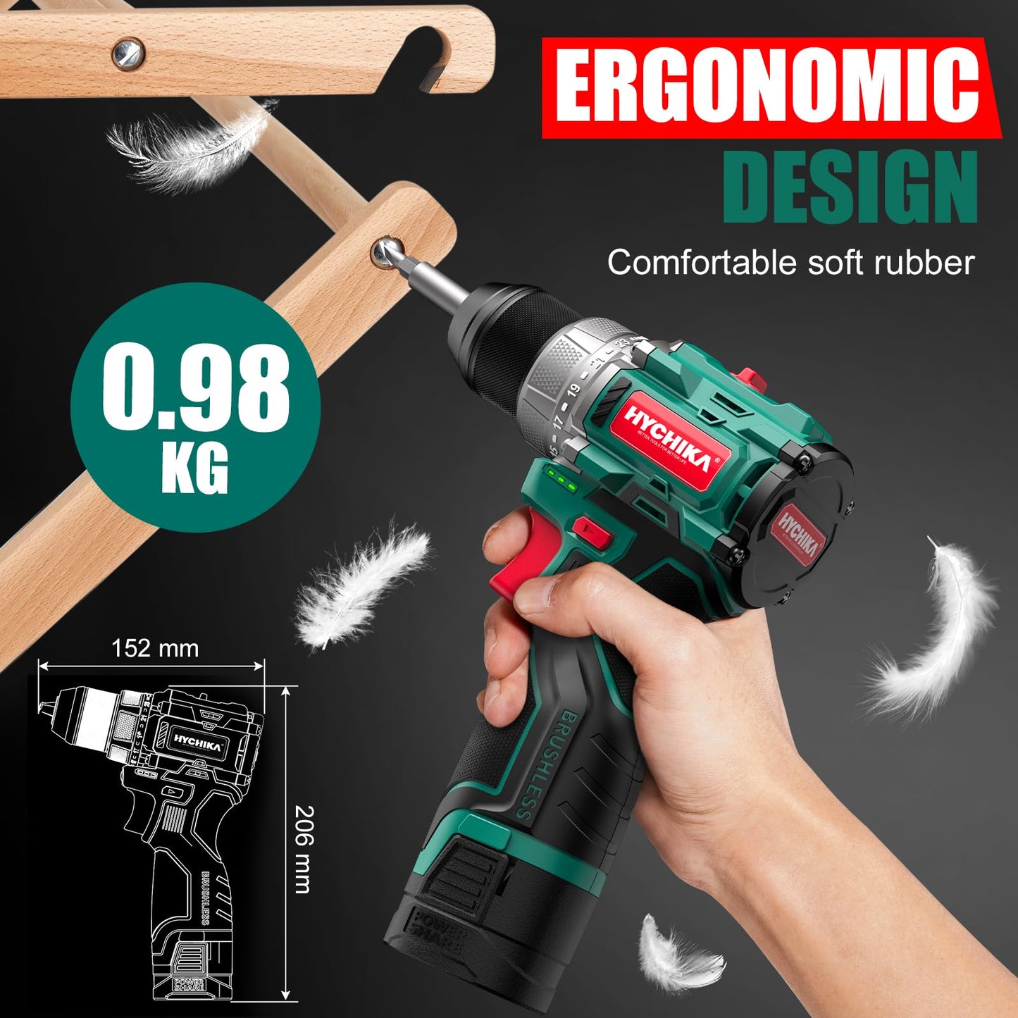 HYCHIKA Drill Set, True Brushless Power Drill Driver 16.8V Cordless Compact Drill Woman Man,410 IN-LB, LED Light,2 Variable Speed 23+1 Torque 3/8" Keyless Chuck, 1 Lithium-Ion Battery