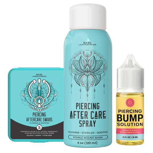 BASE LABORATORIES Ultimate Healing Piercing Aftercare Kit | Piercing Aftercare Spray + Keloid Piercing Bump Treatment Oil + Piercing Cleaner Swabs | Keloid Bump Removal - Saline Solution for Piercings
