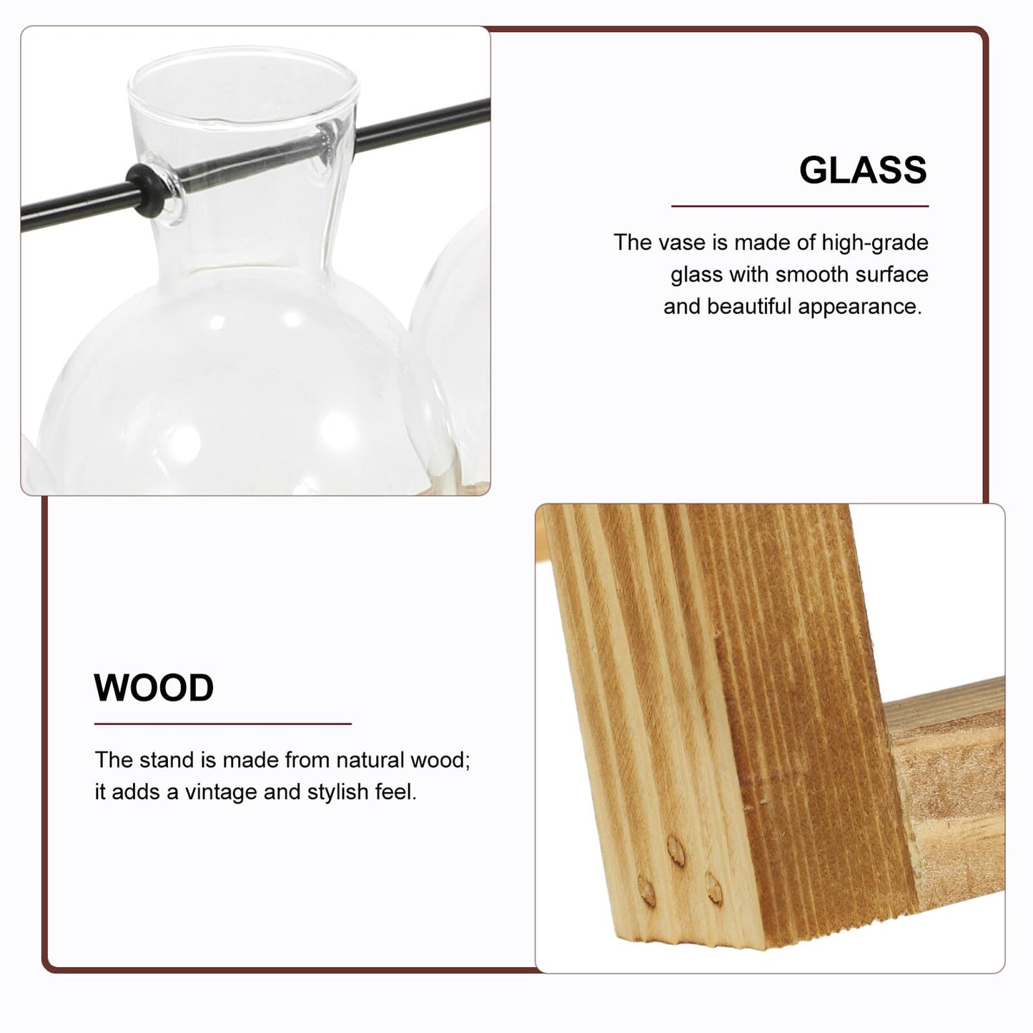 Sewroro Glass Hydroponic Plant Propagation Bottles with Wooden Stand Glass Vases for Indoor Plants of 5