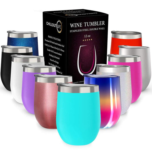 CHILLOUT LIFE 12 oz Stainless Steel Wine Tumbler with Lid - Double Wall Vacuum Insulated Wine Cup Glass Keeping Cold & Hot for Coffee, Champagne, Cocktails, Ice Cream - Powder Coated Aqua Blue