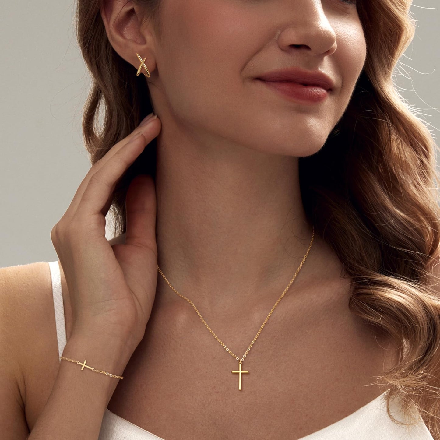 HAXIYA Gold Cross Necklace Set for Women Cross Bracelet Dainty Simple Minimalist Gold Stud Earrings Jewelry Sets Pack of 3 Party Prom Gift