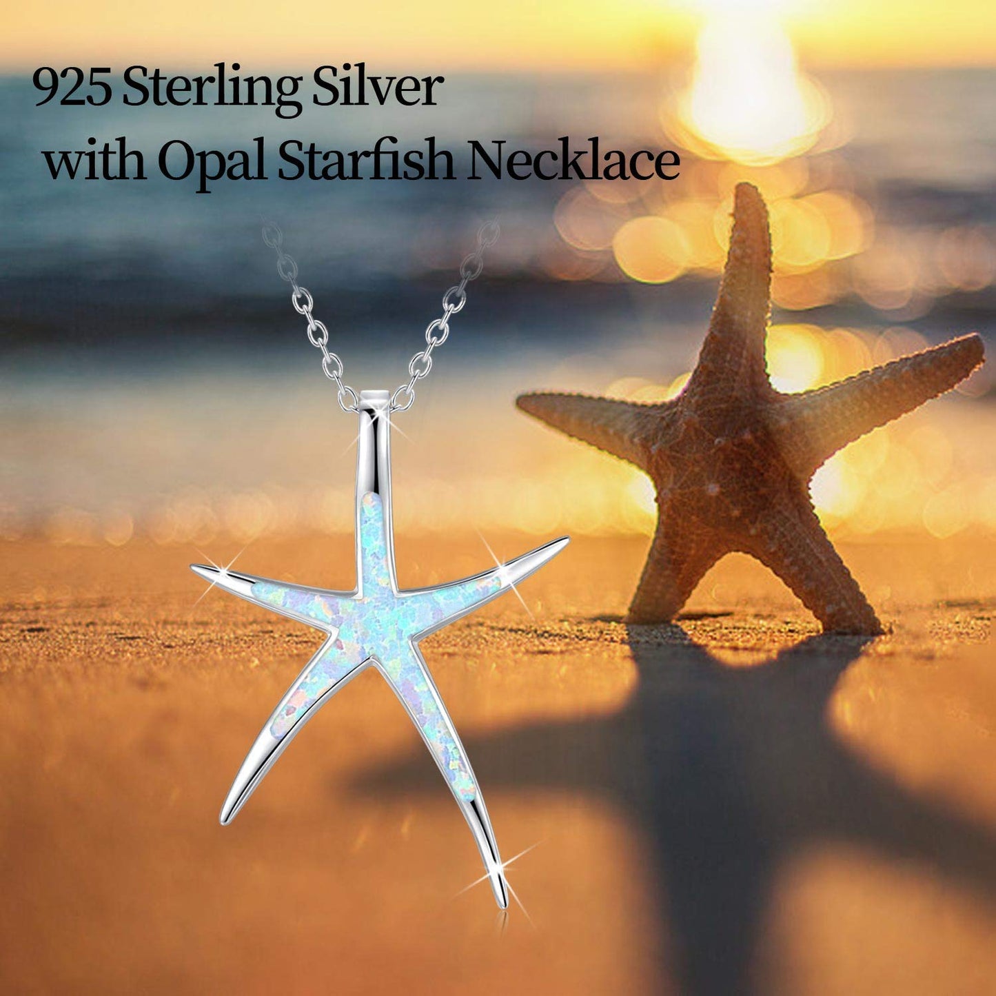 Cuoka Starfish Necklace, 925 Sterling Silver with White Opal, Hawaiian Beach Nautical Ocean Pendant, Starfish Jewelry Opal Jewelry Valentine for Women Girlfriend
